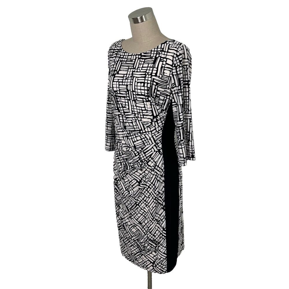 Lauren Ralph Lauren Geometric Black White Dress 3/4 Sleeve‎ Ruched Lined Size 12
